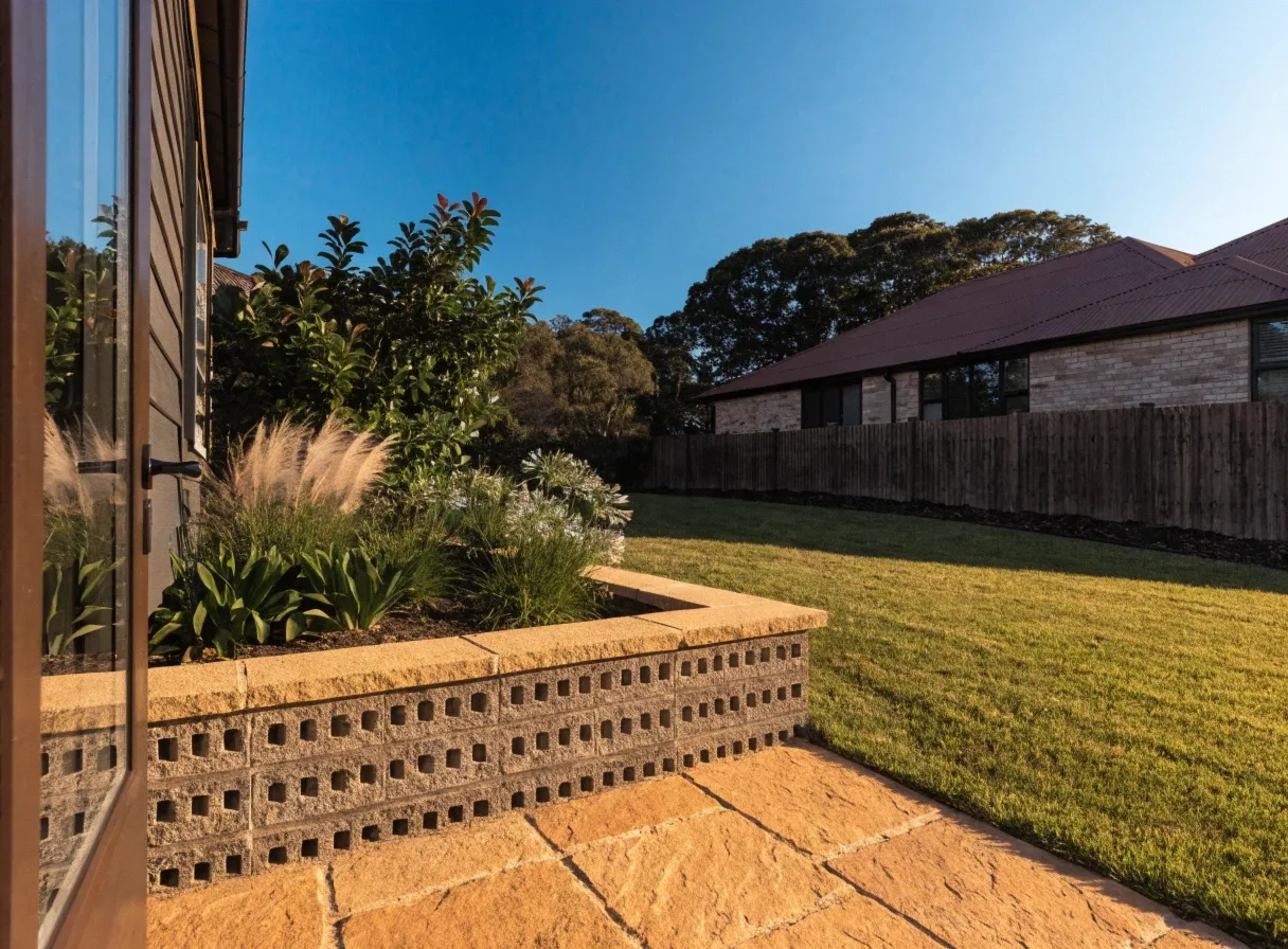 Completed backyard landscaping with sandstone patio, retaining wall and lawn on the Central Coast