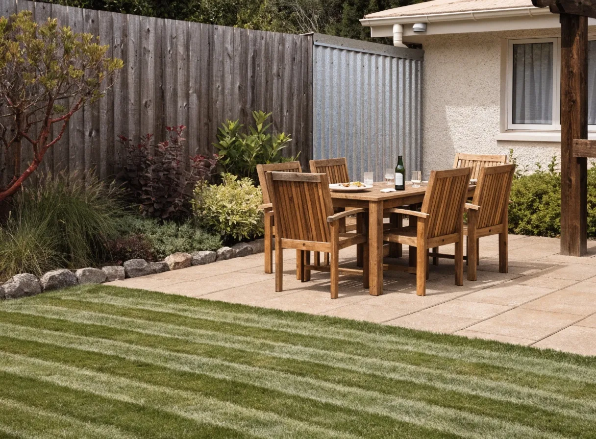 Outdoor entertaining area with paved patio and lawn, Central Coast landscaping