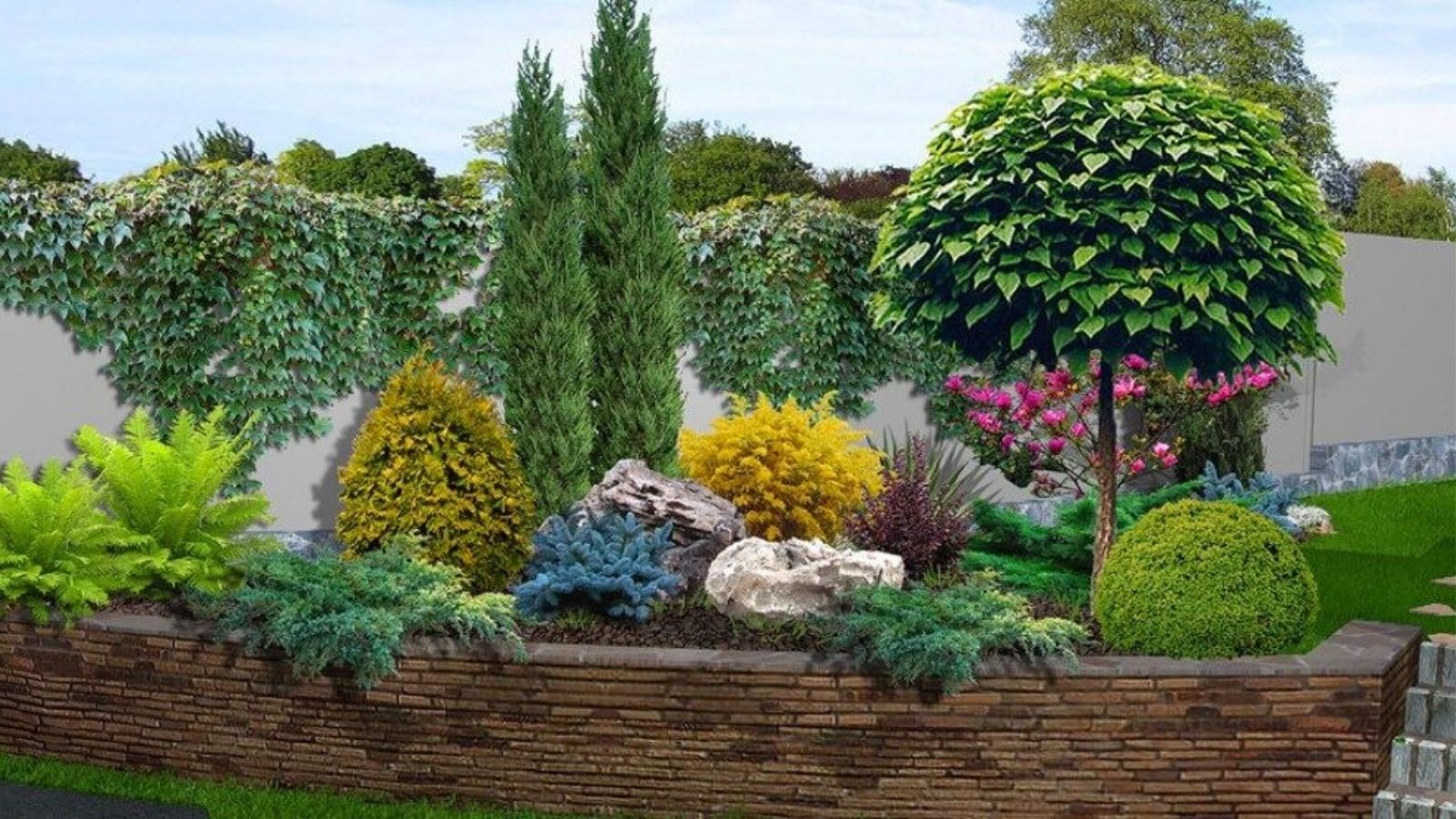 Landscaped garden bed with ornamental shrubs, trees and feature rockery