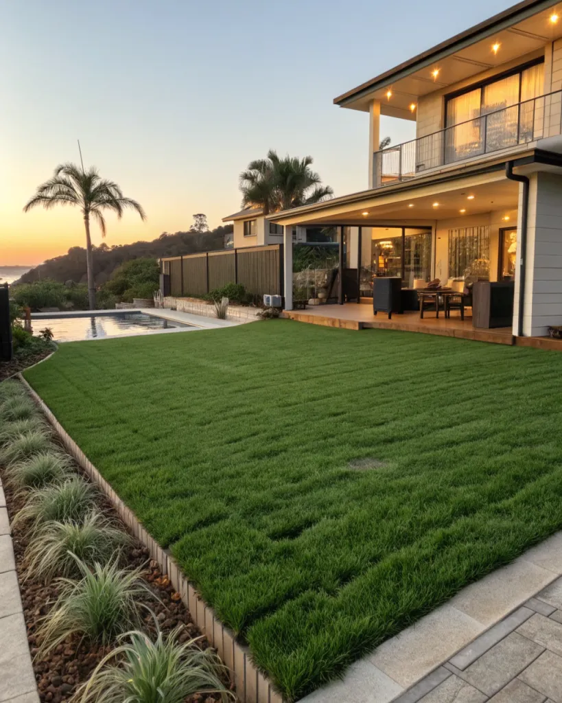 Rolls of freshly laid Sir Walter turf on a coastal property with ocean views