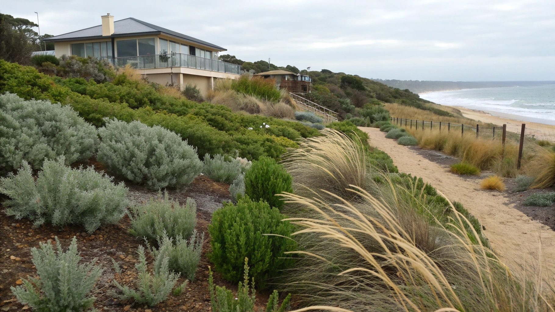 Wind-resistant coastal garden design with layered native plantings on Central Coast property