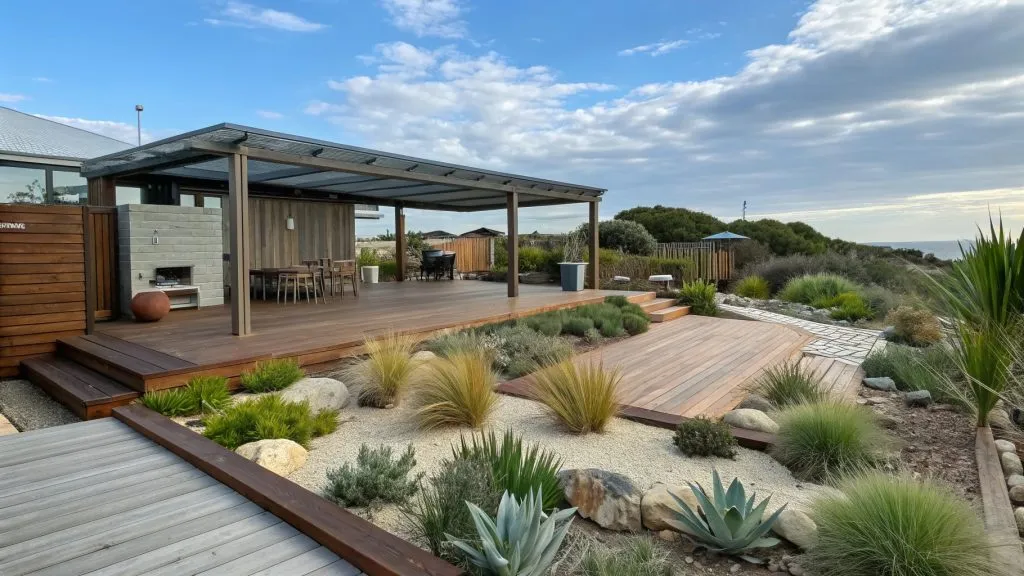Coastal outdoor living area with salt-tolerant garden design and natural screening plants