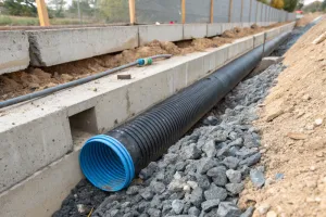 Proper agricultural drainage pipe installation behind retaining wall Central Coast