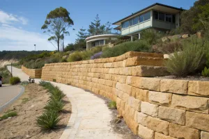 Natural sandstone retaining wall on Central Coast beachside property with native plantings