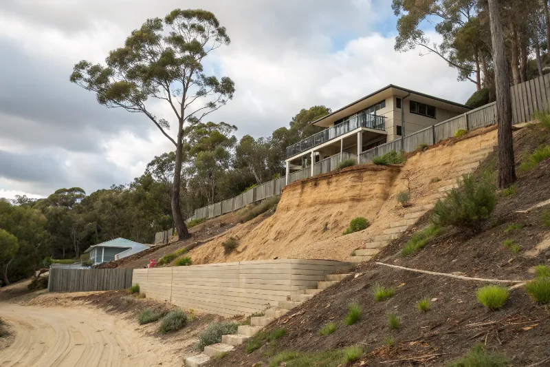 Central Coast sloping block requiring landscape architect for retaining walls and drainage solutions