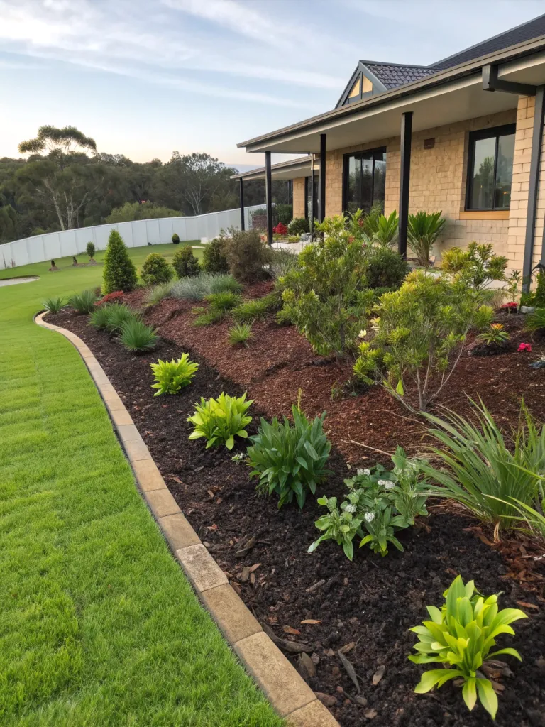 Freshly mulched garden bed with edging along a lawn beside an Australian brick home