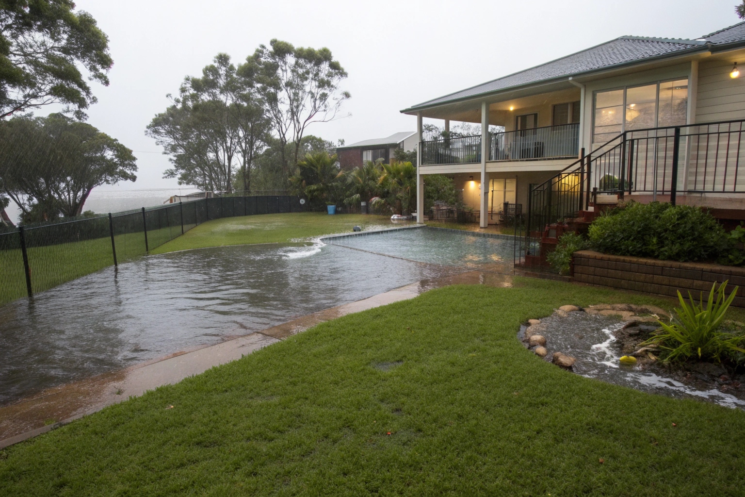 Waterlogged backyard with pooling water on Central Coast property