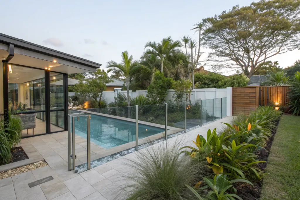 Backyard pool with frameless glass pool fencing beside a modern home