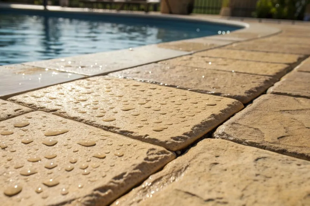Bullnose pool coping with slip-resistant paving suitable for coastal conditions