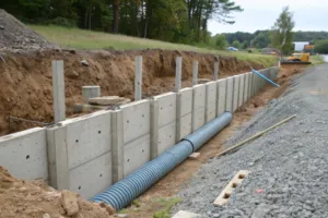 Concrete sleeper retaining wall installation cross-section showing steel posts, drainage pipe, and backfill system Central Coast