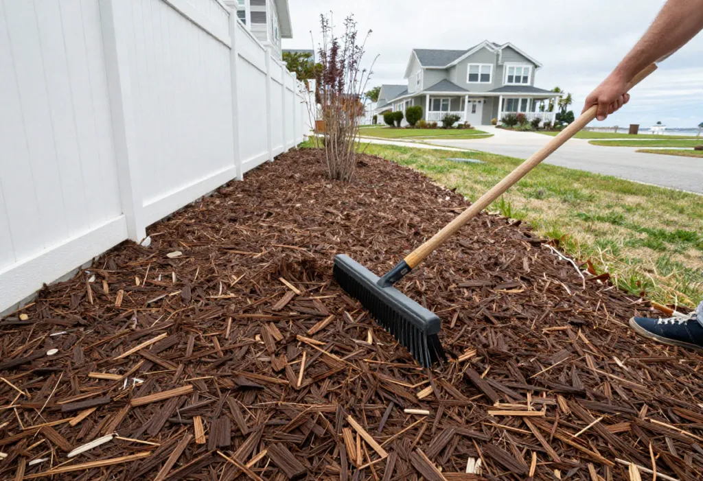 dark brown hardwood mulch installation in a garden bed