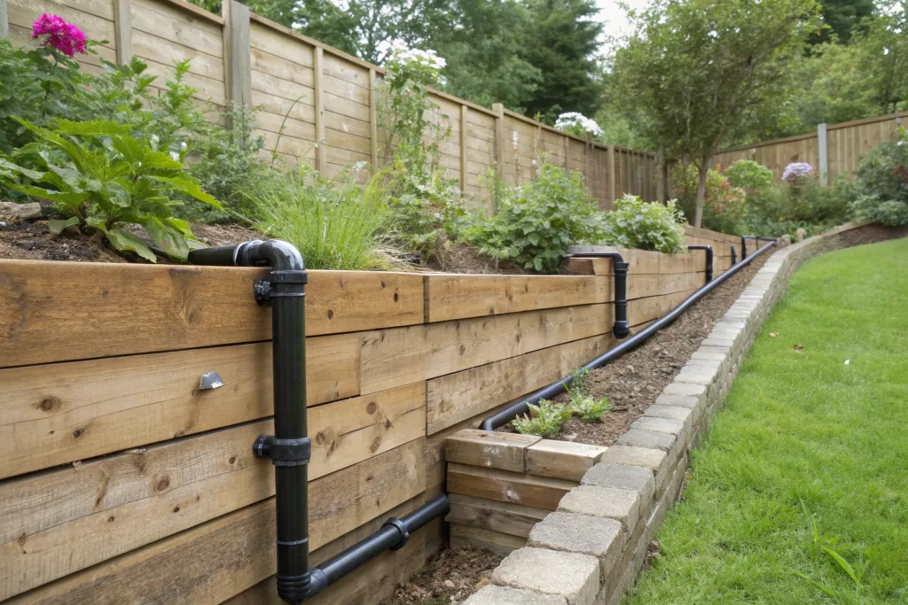 Drainage pipe fitted behind a timber retaining wall with garden beds planted above