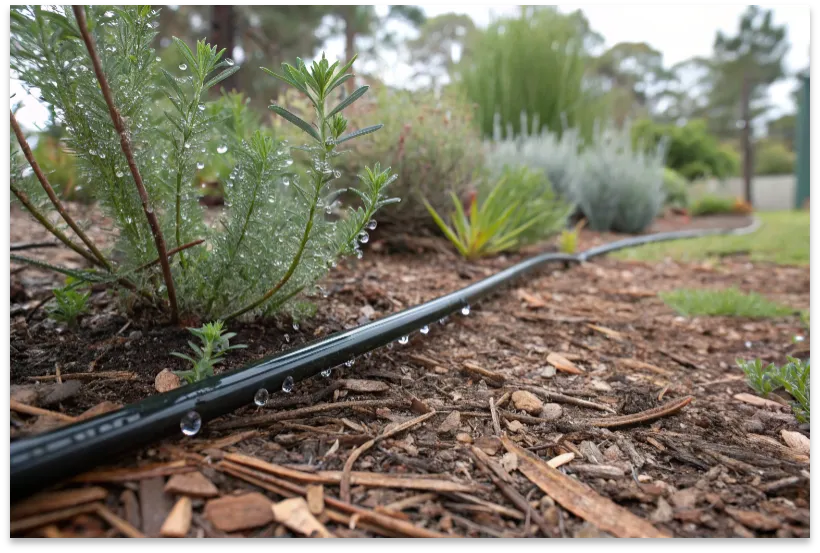 close-up of black drip irrigation tubing