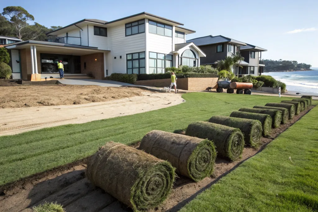 Fresh rolled turf being installed in a residential backyard, with turf rolls laid ready for placement