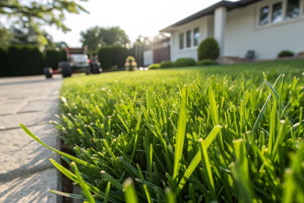 Close-up of freshly laid premium turf with healthy green grass blades beside a paved driveway