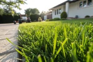 Close-up of freshly laid premium turf with healthy green grass blades beside a paved driveway