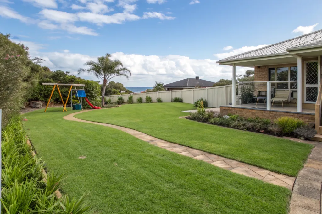 Healthy green lawn edged with garden beds in a Central Coast residential backyard at dusk