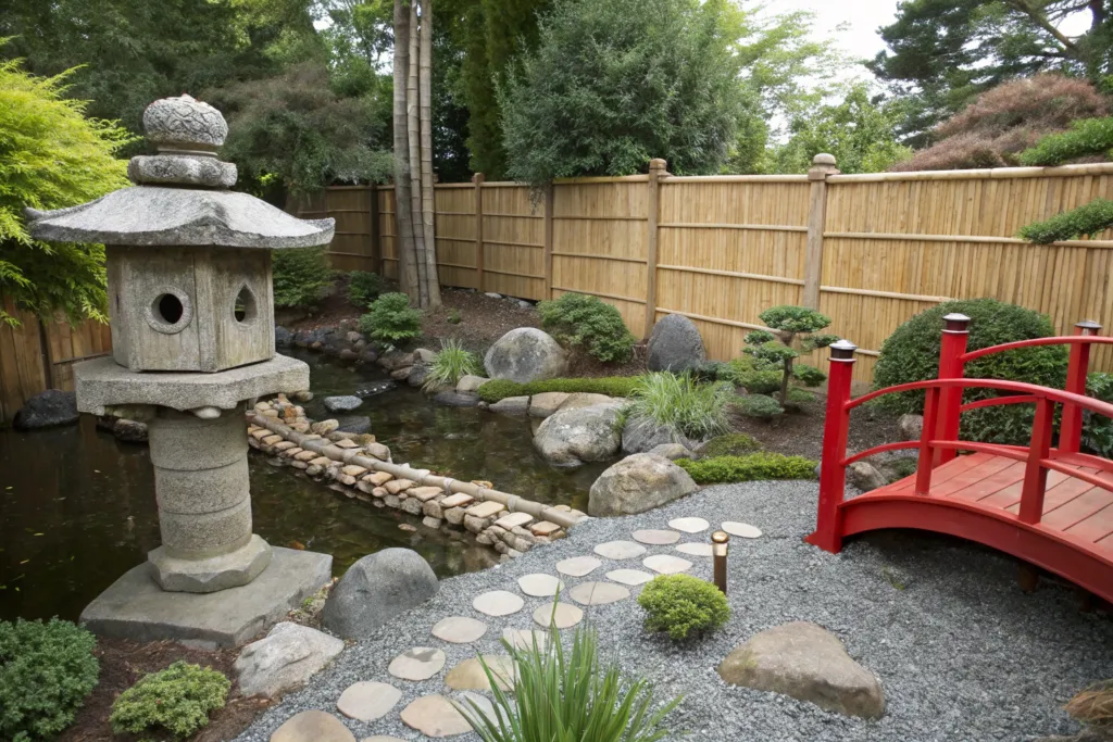 Japanese garden showcasing a stone lantern, koi pond, timber bridge and bamboo fencing