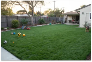 Lush green buffalo grass lawn in a Central Coast backyard with garden toys scattered on the grass