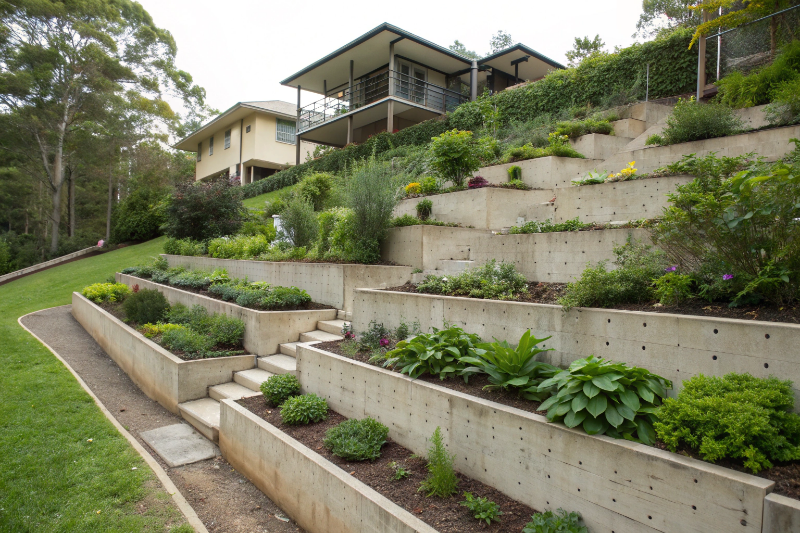 Multi-tier concrete sleeper retaining walls creating terraced garden beds on steep residential property Central Coast