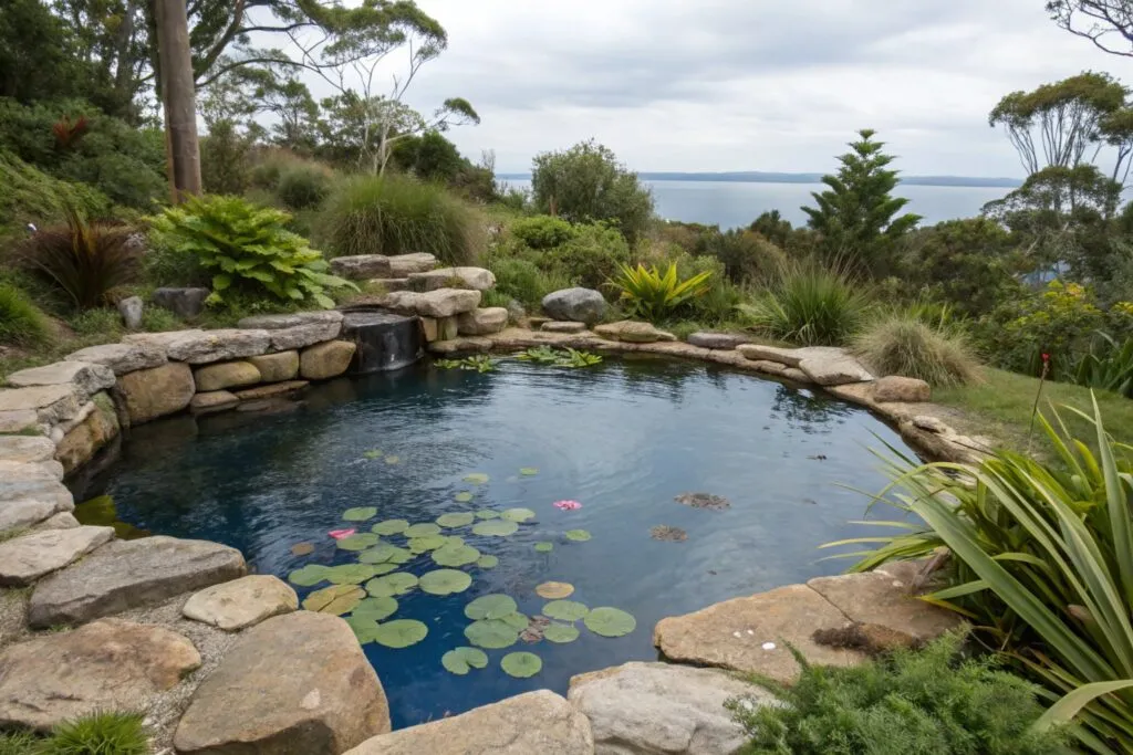 Illuminated garden pond with underwater lighting Central Coast evening atmosphere