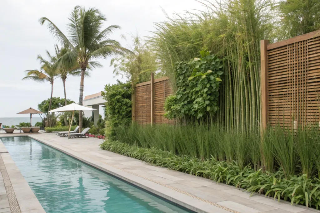Pool area with natural bamboo privacy screening and lush tropical planting
