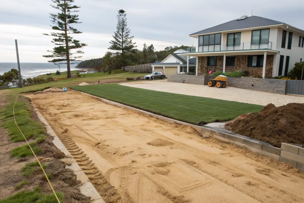 Turf rolls laid out ready for lawn installation on a coastal residential property