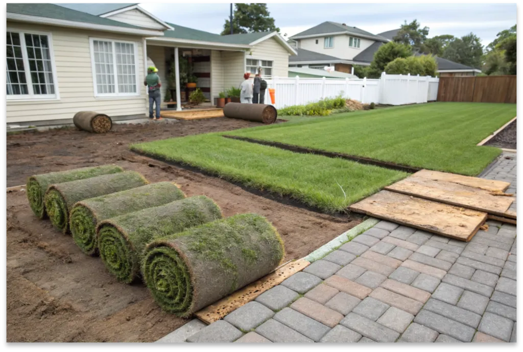 Rolls of buffalo grass turf being laid across a residential front yard during installation