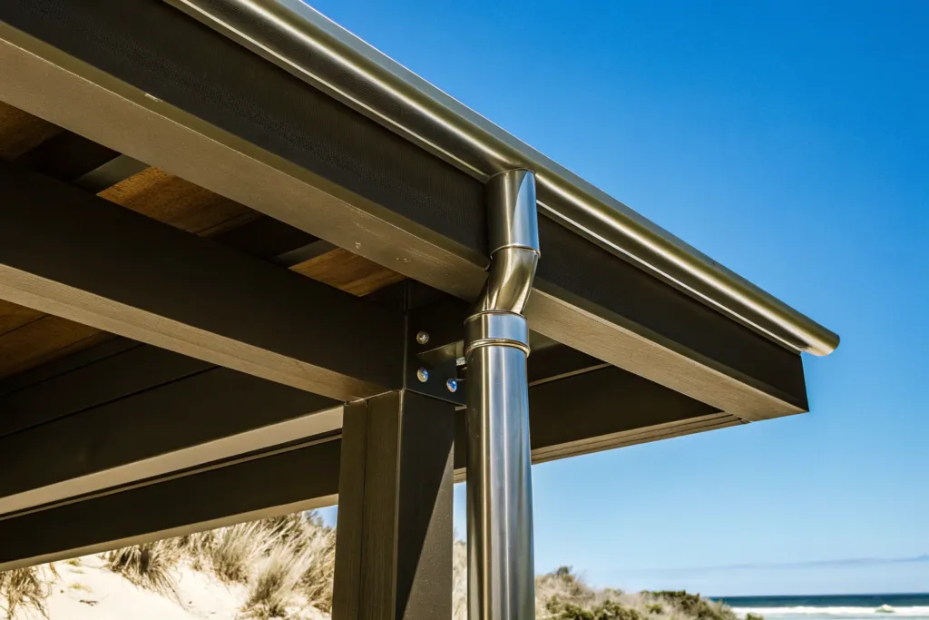 Close-up of a pergola aluminium guttering and roof edge against a blue sky