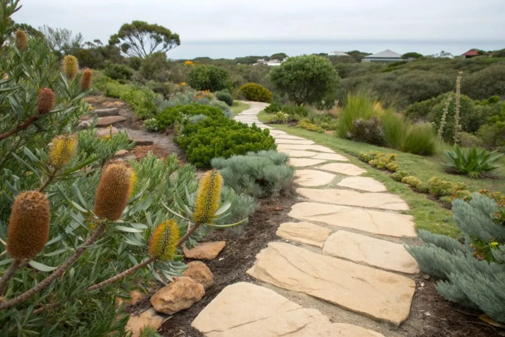 Sandstone stepping stone pathway through coastal native garden Central Coast