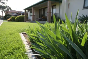 Close-up of Sir Walter buffalo grass showing its broad, soft leaf blades