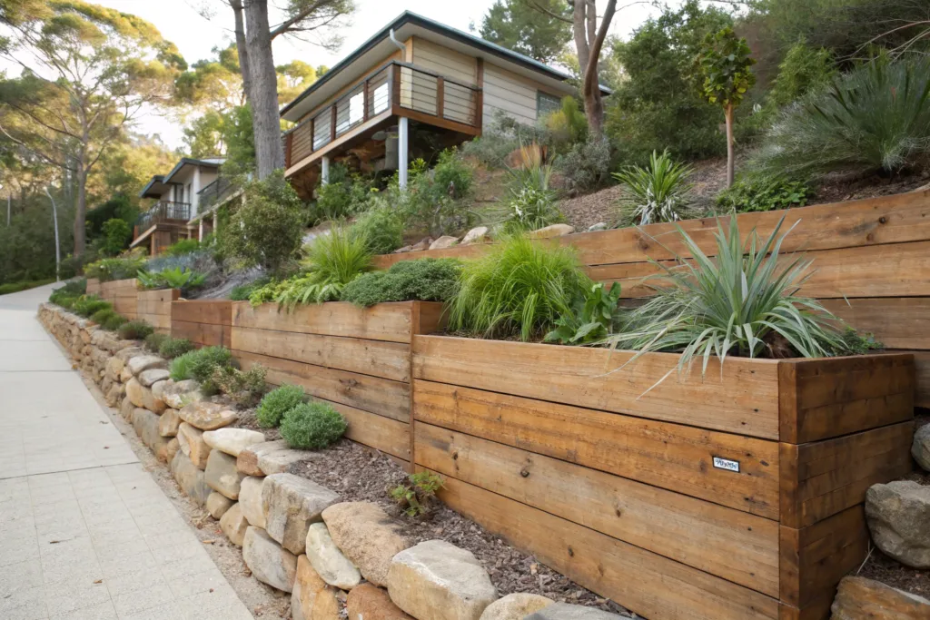 Timber retaining wall with stone base integrated into a sloping garden beside a home